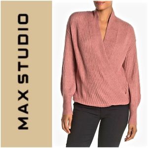 MAX STUDIO Ribbed Knit Faux Wrap Sweater Rose-XS